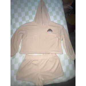 Cozy Tan Hooded Lounge Set with Mushroom Patch